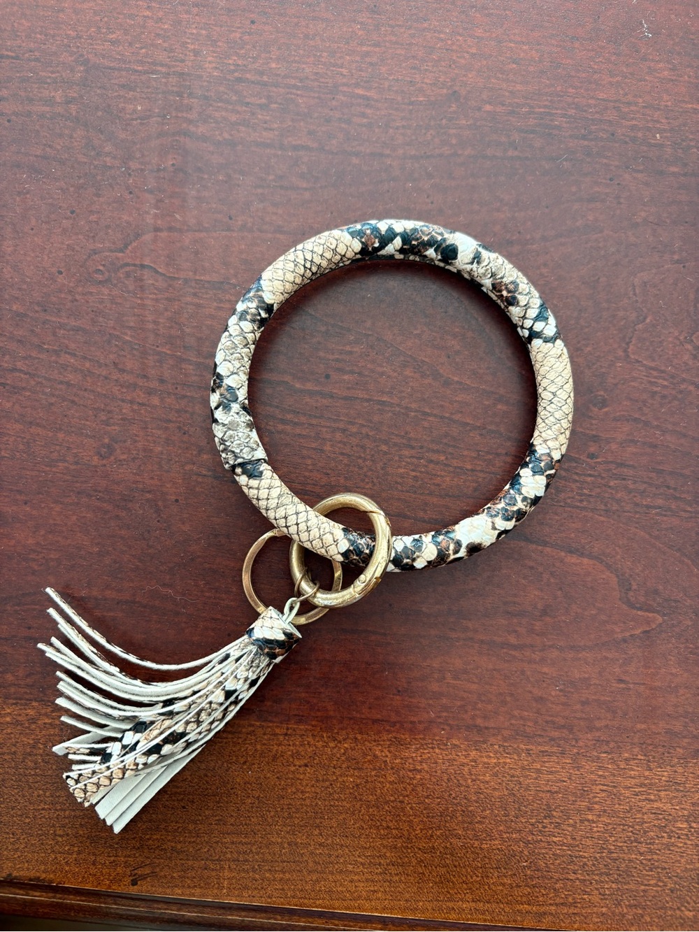 Snake-Print Wristlet Key Ring with Tassel - Neutral